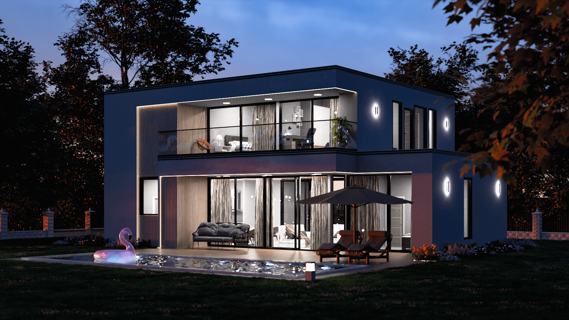A modern two-storey house illuminated at dusk beside a swimming pool