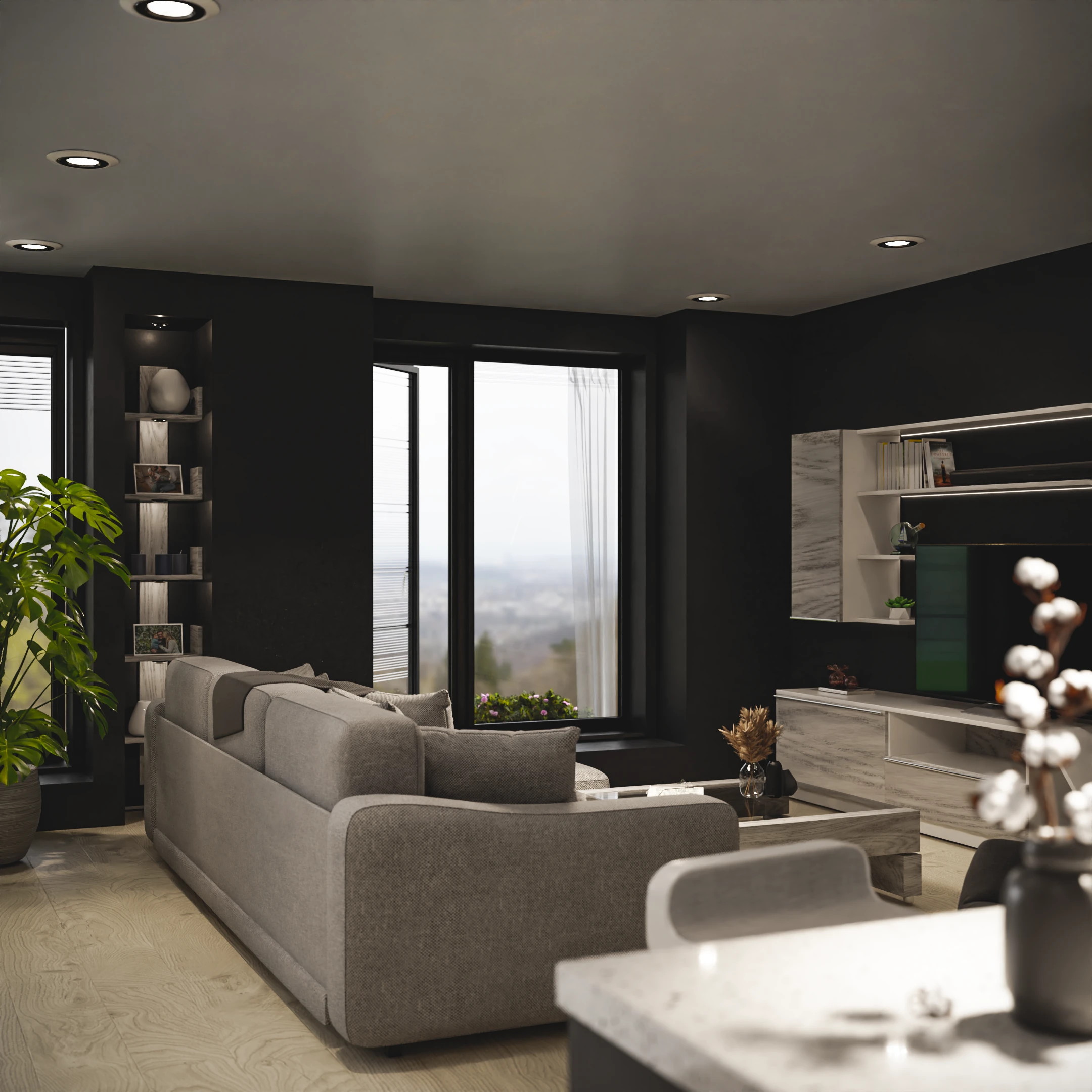 Modern dark living room viewed toward tall windows, built-in shelving, a pale sofa, and marble media furniture