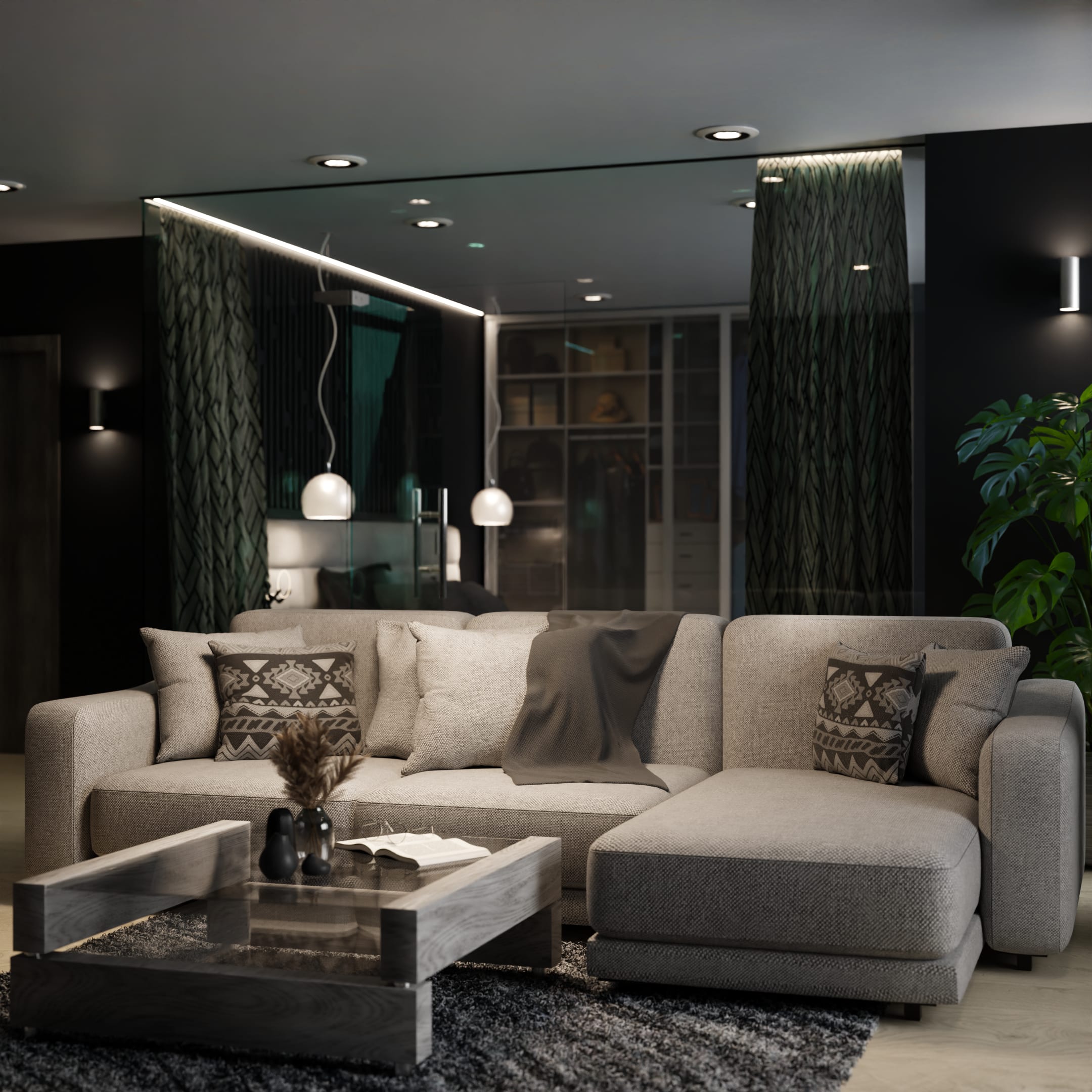 Dark modern living room with a pale sectional sofa, marble coffee table, reflective wall panels, and recessed lighting