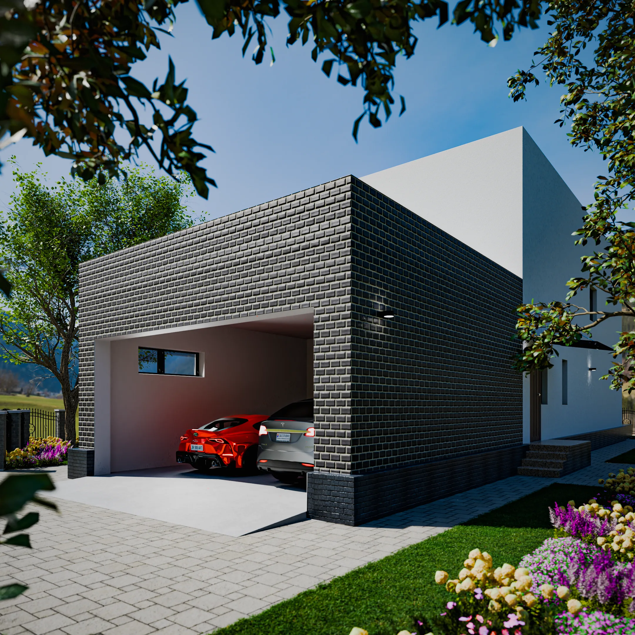 Modern white residence with a black-brick double garage, two parked cars, trees, and colorful landscaping