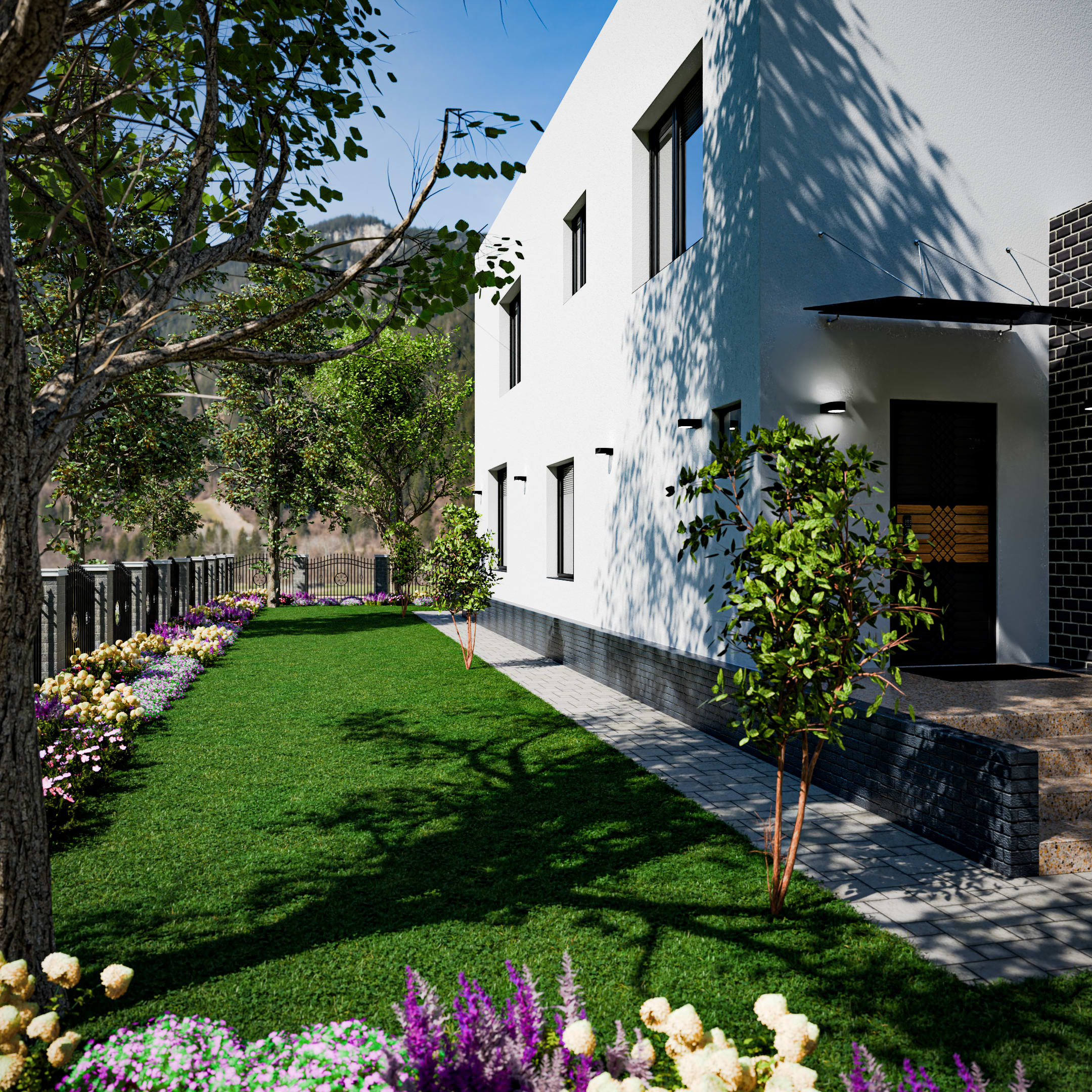 Garden-side view of a modern white residence with black trim, a shaded entrance, lawn, trees, and flower beds