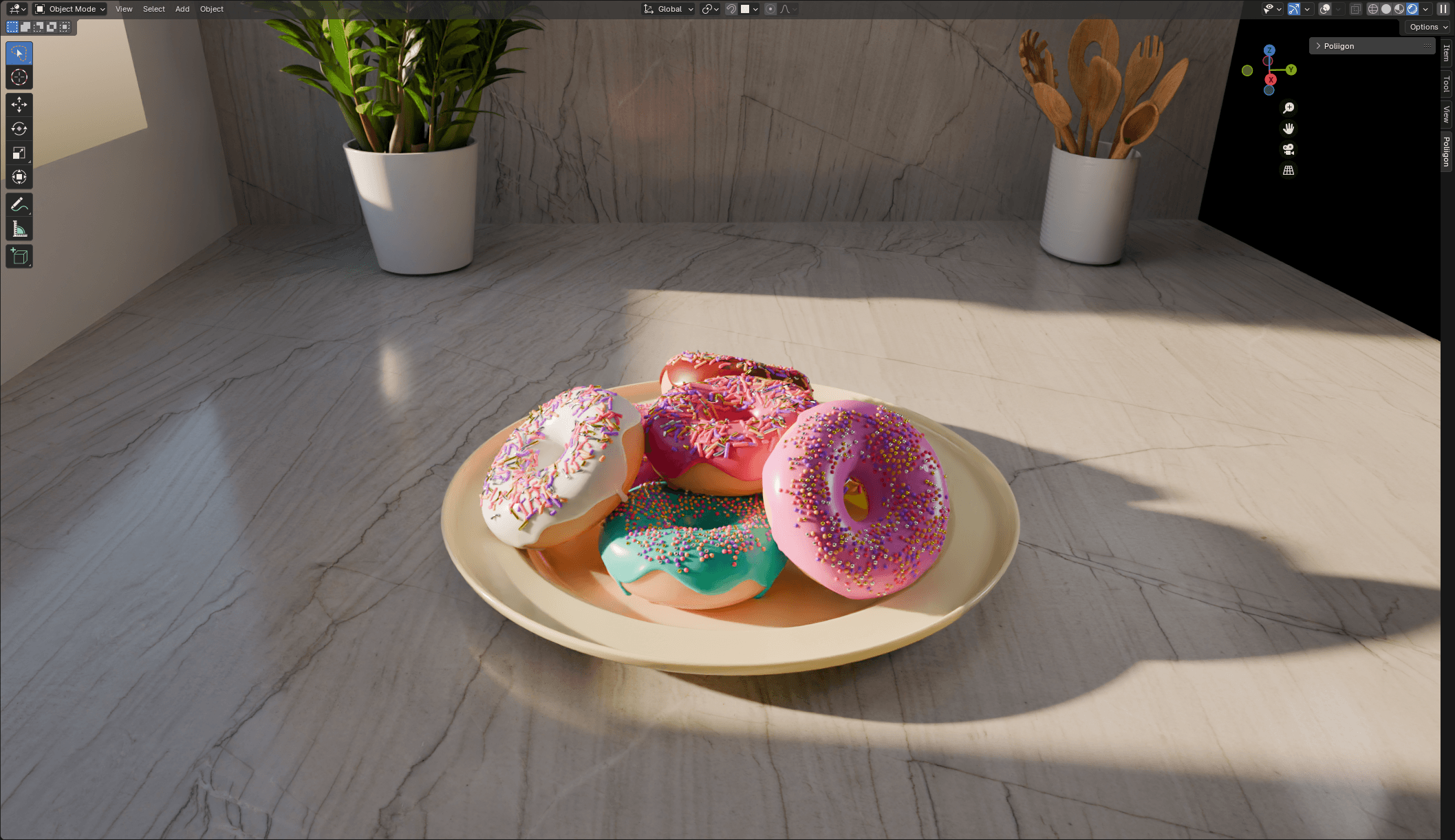 Colorful iced donuts on a plate in a sunlit marble kitchen