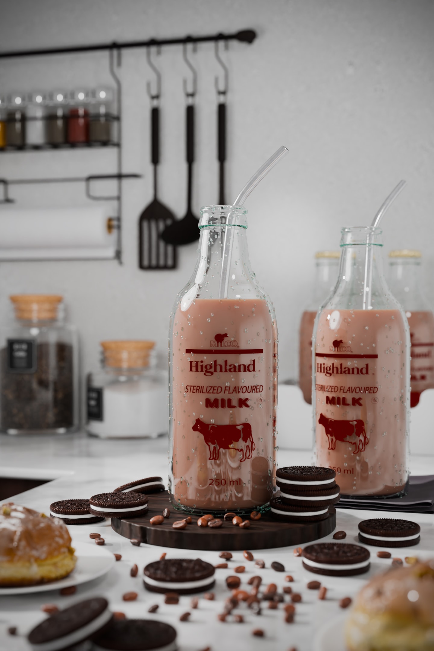 Chilled Highland chocolate milk bottles with cookies in a bright kitchen scene