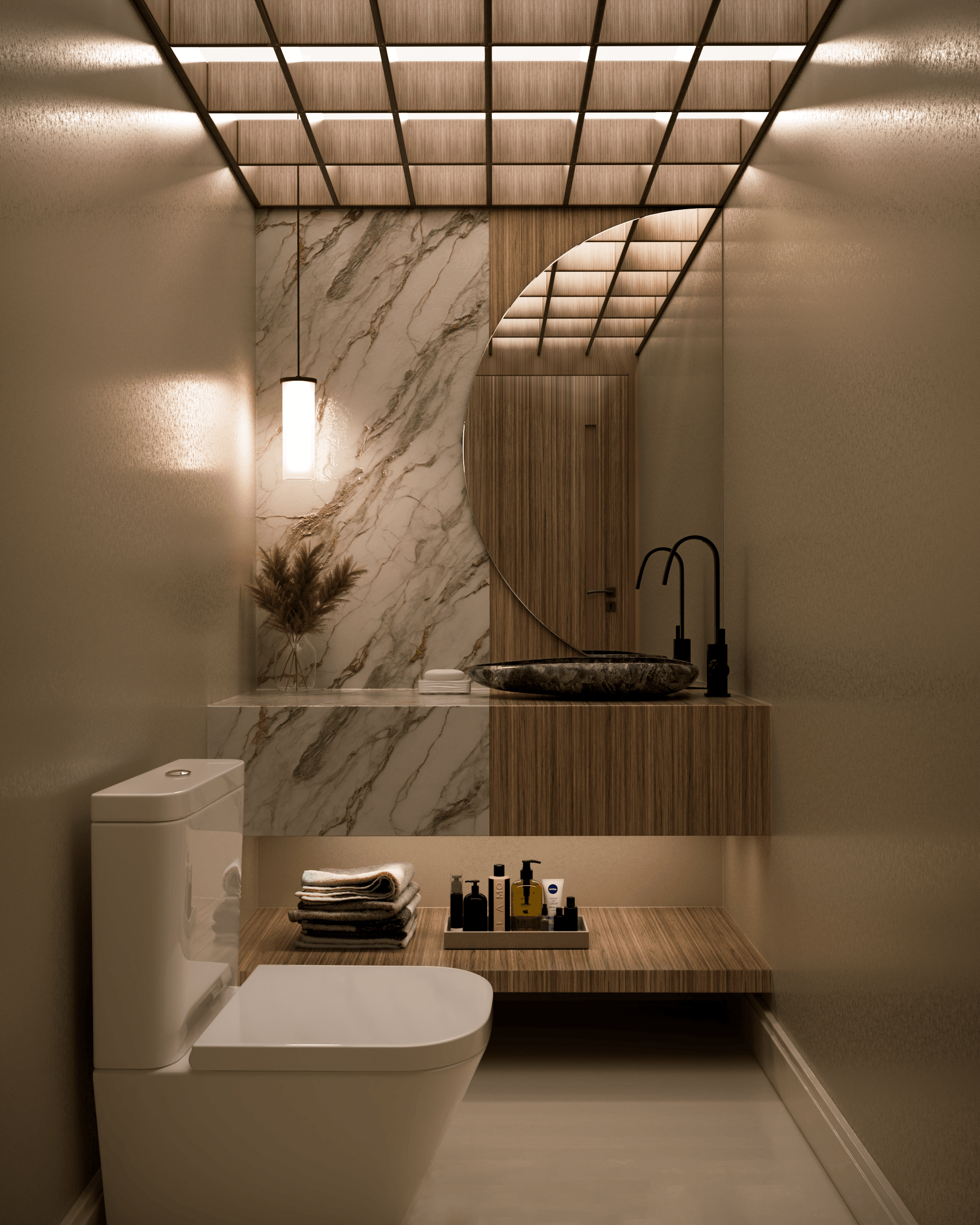 Warm modern bathroom interior with wood cabinetry, marble, and a circular mirror