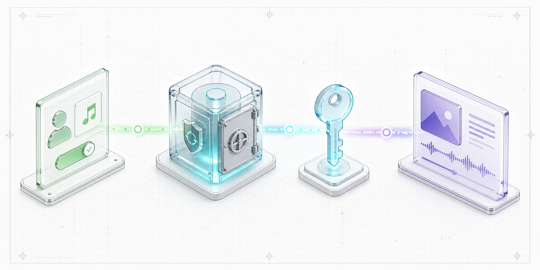 An original technical illustration showing user consent, a protected refresh-token vault, a short-lived access key, and a music metadata response